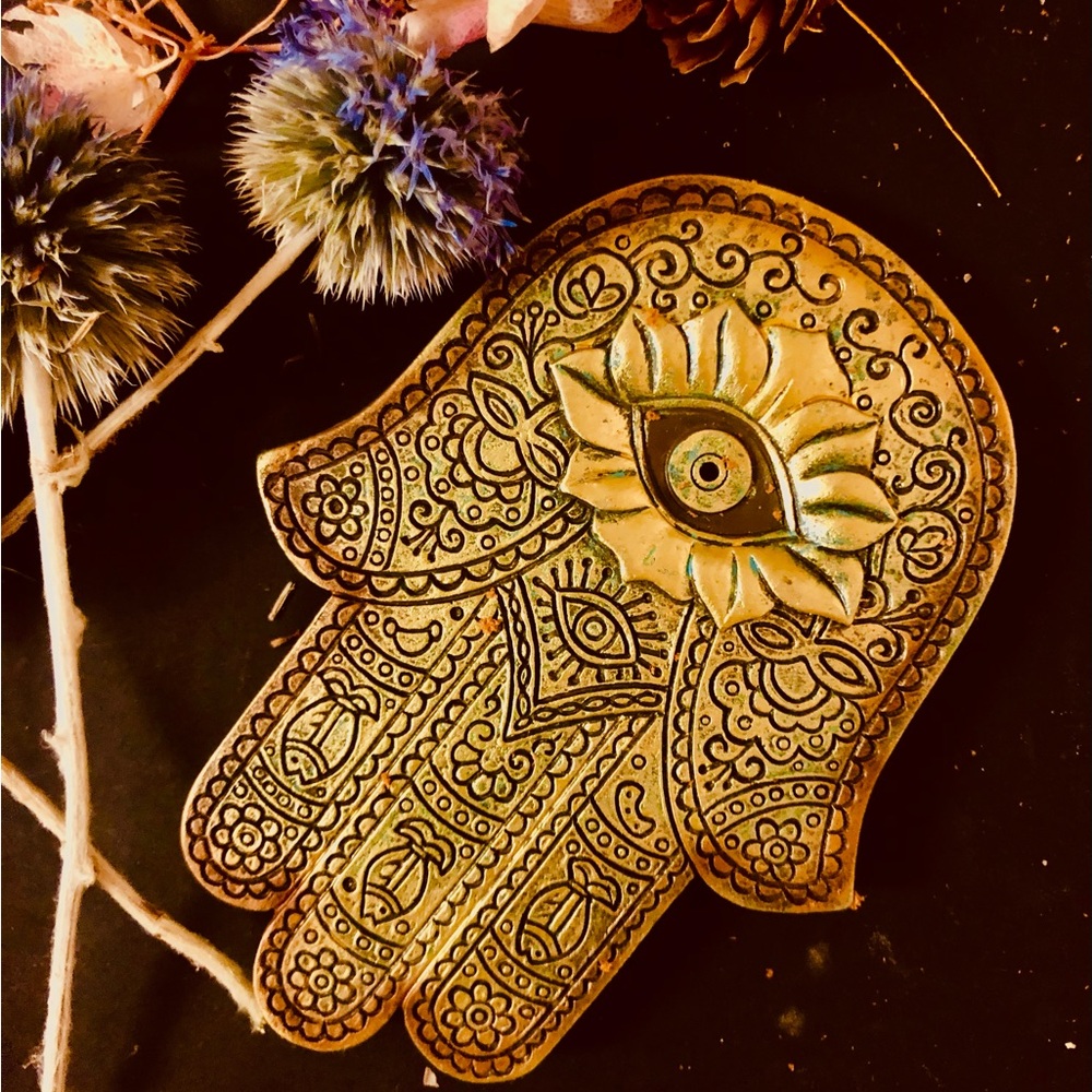 Gold Hamsa Hand Incense Holder with beautiful intricate design